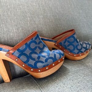 Coach Blue and Brown Patterned Clogs